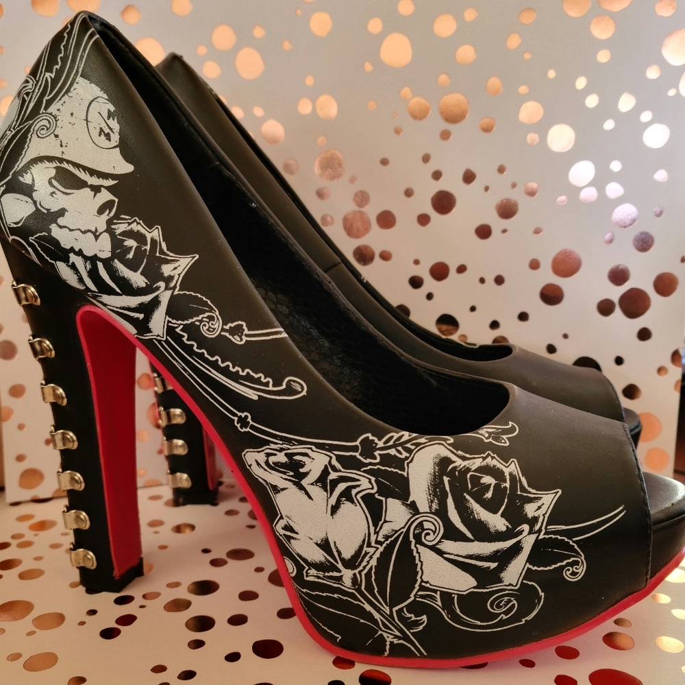 Metal Mulisha Black and White Floral Studded Platform Heels
